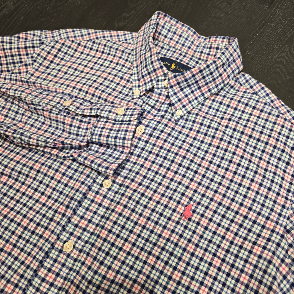 Ralph Lauren Mens Large Plaid Button Down Shirt Navy White Pink Cotton L Long
